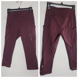 Lululemon Burgundy Crop Leggings Mesh Insets 3 Pockets Size 6